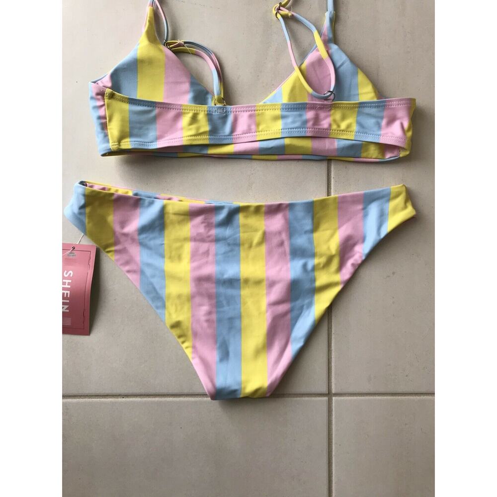 Shein Swim Women M Bikini Swimsuit Multicolor Striped Padded Bra Swimwear NWT - Picture 11 of 12